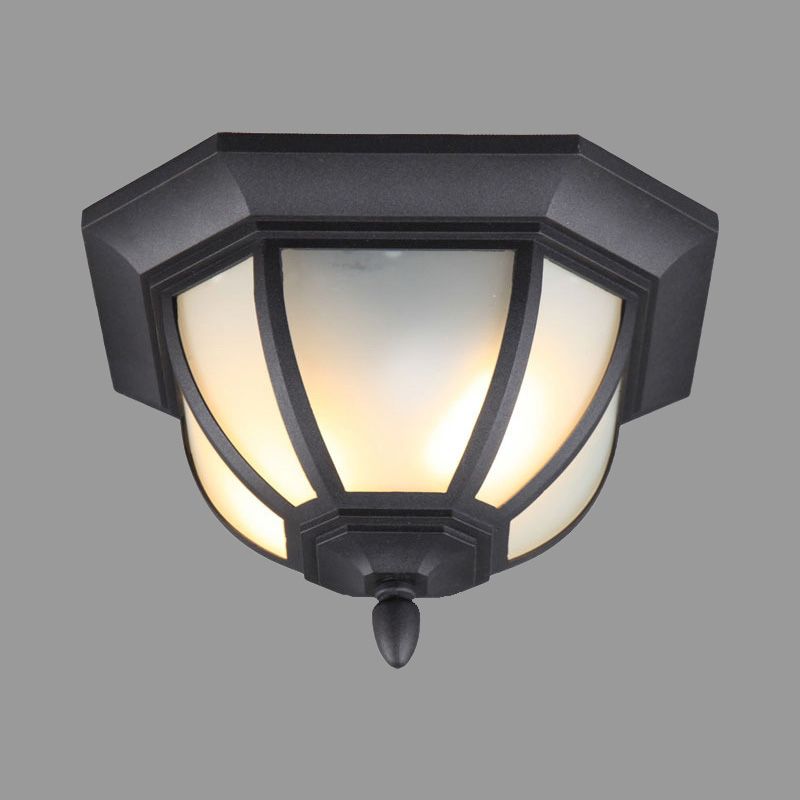 Industrial Bowl Flush Ceiling Light Opal Glass 2 Lights Outdoor Flush Mount in Black