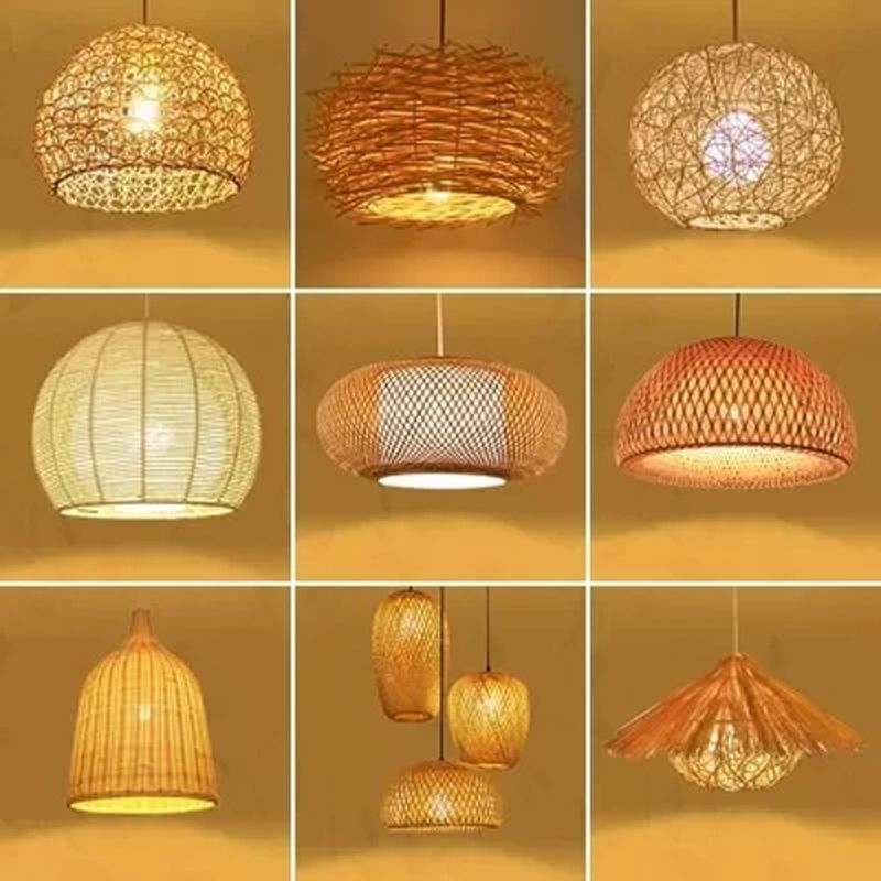 Novelty Modern 1-Light Hanging Lamp Beige House Suspension Pendant with Rattan Shade, 16"/19.5" Width