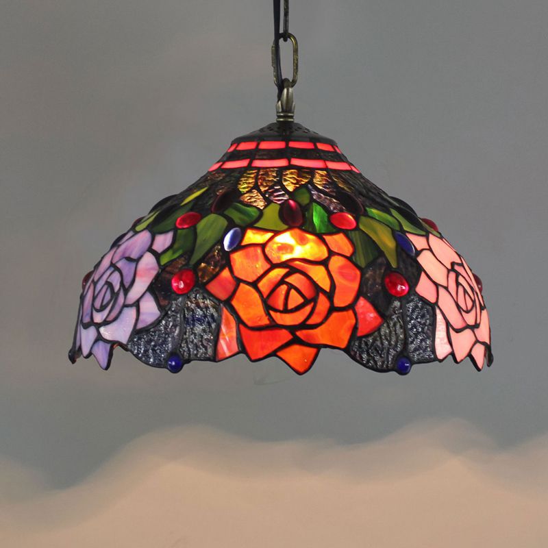 Tiffany-Style Dome Ceiling Light 1-Light Stained Glass Hanging Pendant Light for Restaurant