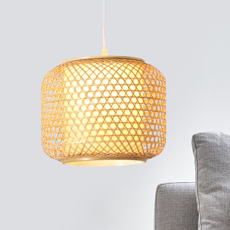 Weave Bucket Shade Hanging Pendant Light Rustic 1 Head Drop Light in Wood for Restaurant