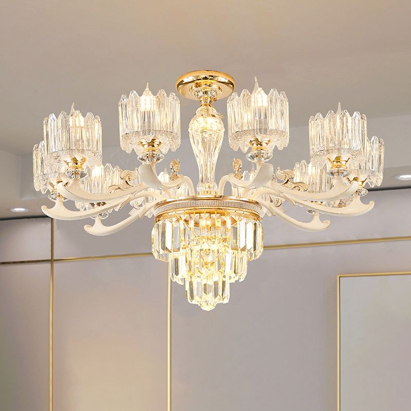Cylindrical Shaped Living Room Chandelier Light Retro Clear Glass Gold Pendant Light with Layered Crystal Decor
