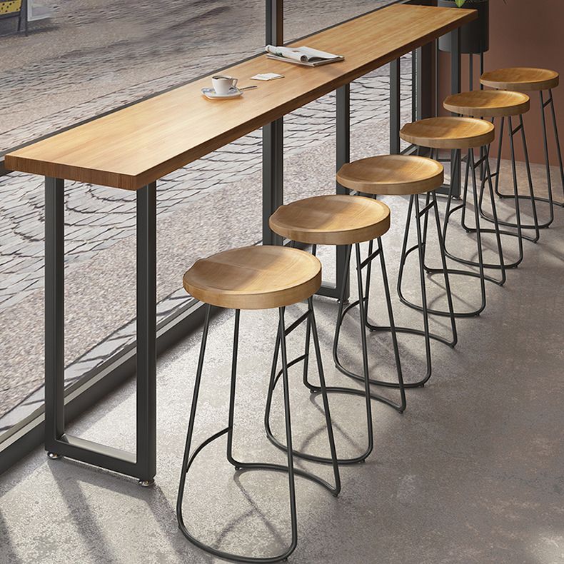 Light Brown Modern Style Bar Table Rectangular Wood Bar Bar with Metal Base, Only Table