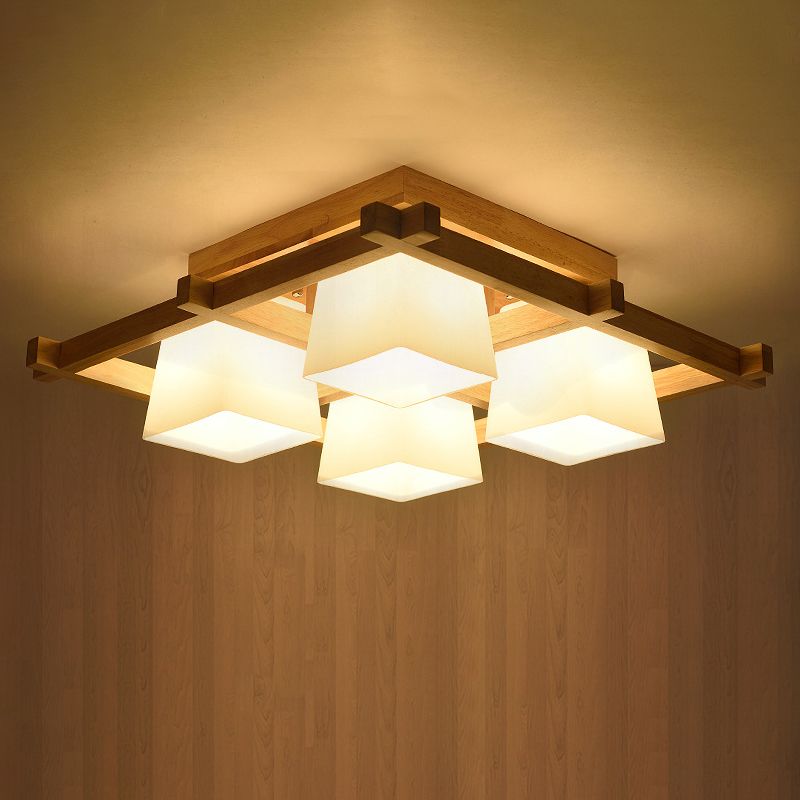 Nordic Style Trapezoid Flush Mount Opal Glass Living Room Flush Mount Fixture in Wood