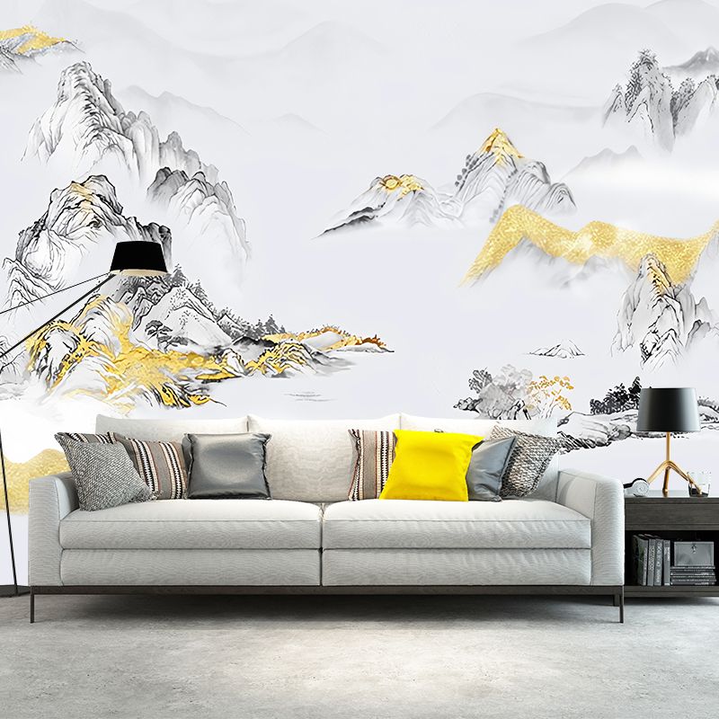 Large Asia Inspired Wall Art Grey and Gold Mountain Wall Mural, Custom Size Available