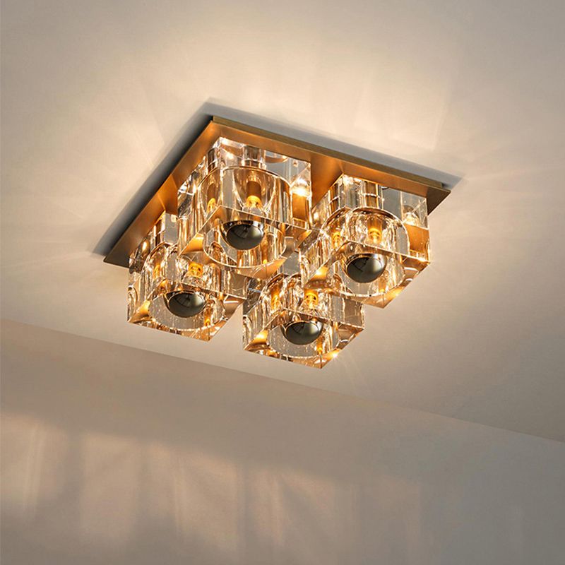 Plafoniera per camera da letto a 4 teste con blocco di cristallo minimalista con illuminazione quadrata in ottone da incasso