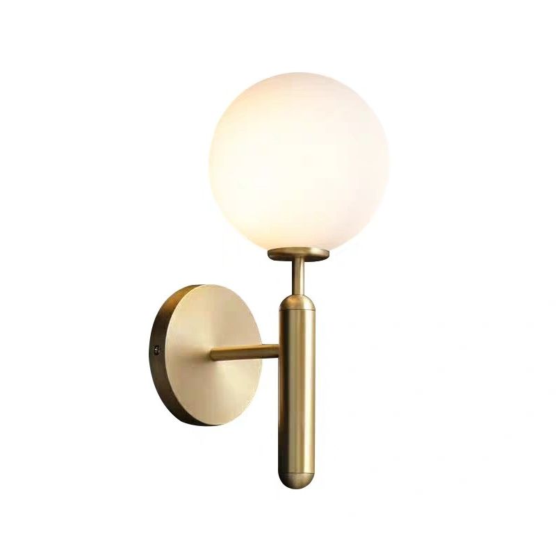 Milky Glass Ball Sconce Contemporary 1 Head Brass Wall Mount Light Fixture with Metal Pencil Arm