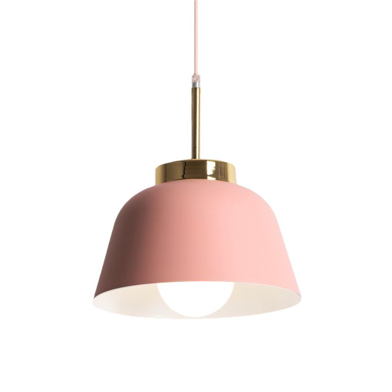 1-Light Dining Room Pendant Macaron Style Pink Finish Hanging Ceiling Lamp with Bowl Iron Shade
