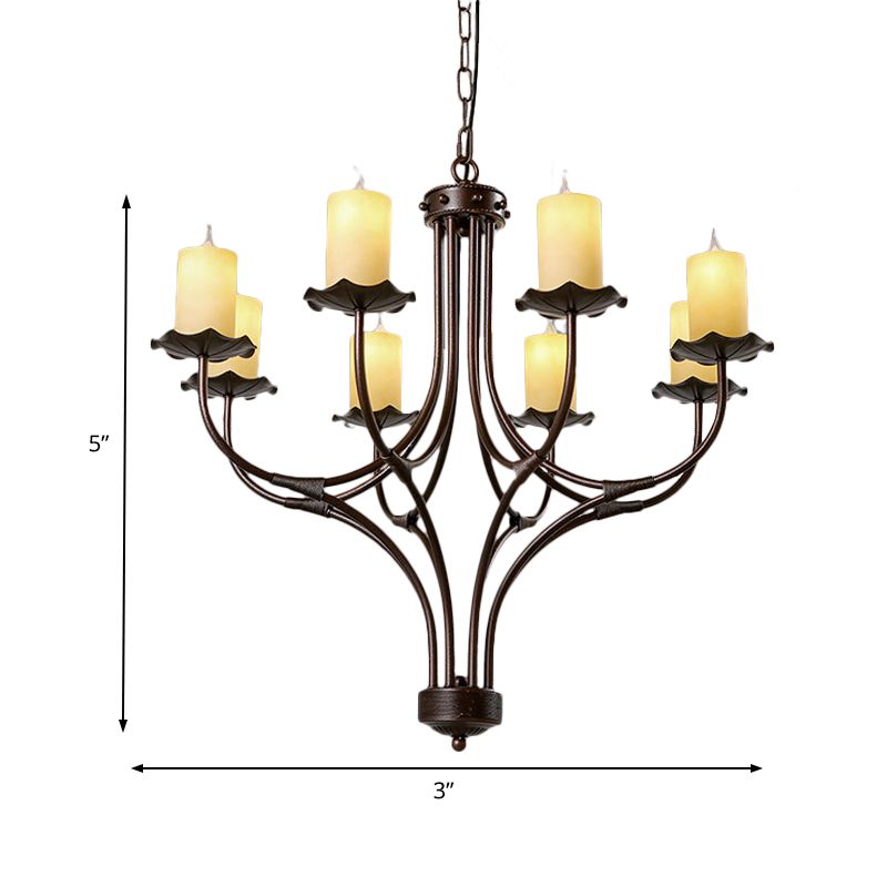 8 Lights Yellow Glass Hanging Chandelier Country Bronze Candle Shaped Living Room Pendant Light Fixture