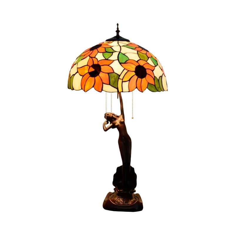 Lampada da tavolo in vetro colorato in vetro in stile Tiffany 3 teste rosse/arancione pul-catein-chain night Light with Women Sculpture