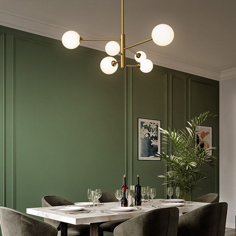 Contemporary Simplicity Molecular Chandelier White Glass Orb Brass Hanging Light for Dining Room