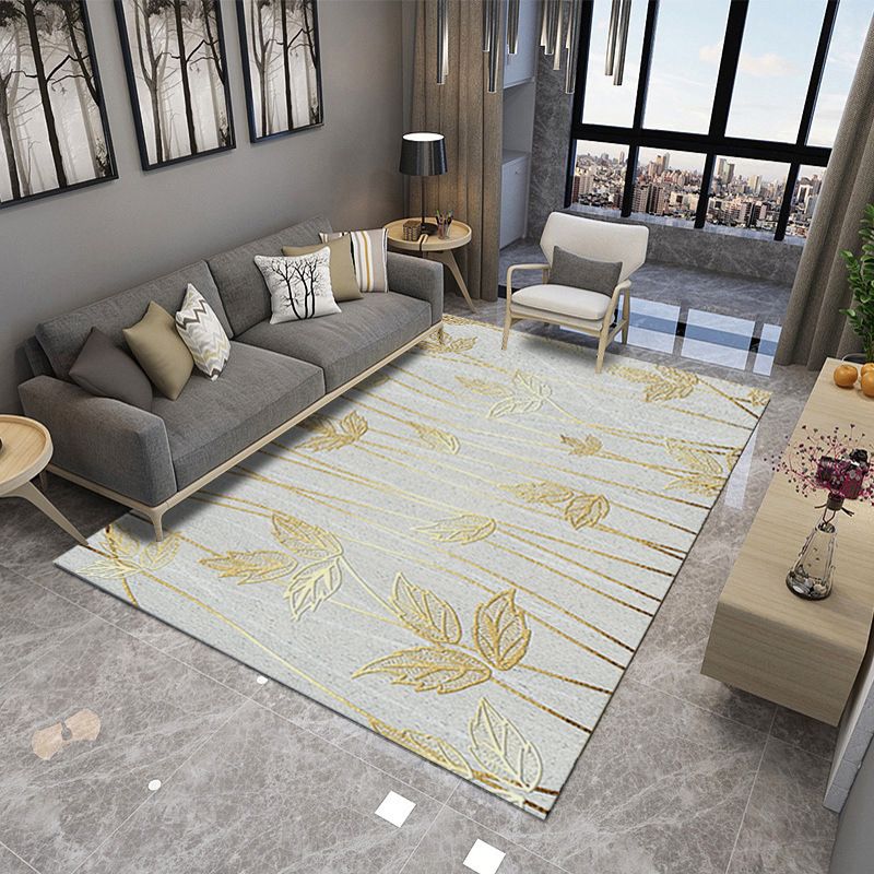 Modern Living Room Rug in Ivory Botanical Print Rug Polyester Machine Washable Non-Slip Area Rug