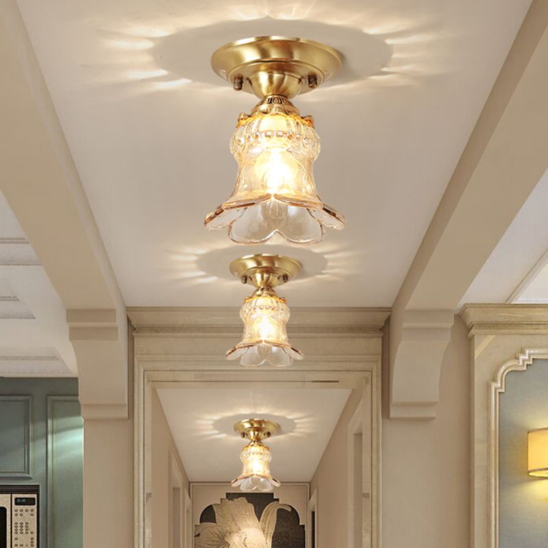 Amber Glass Brass Flush Mount Lamp Flower Single Light Retro Style Ceiling Fixture