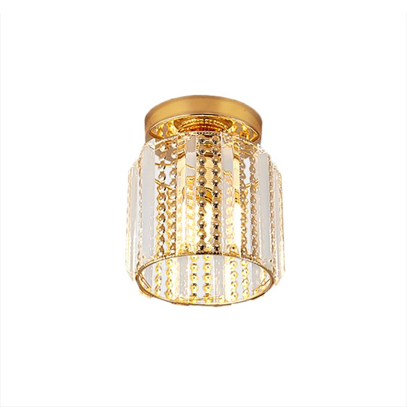 Cylindrical Crystal Mini Flush Lamp Simple 1 Light Golden Corridor Ceiling Mounted Light, 7" Wide