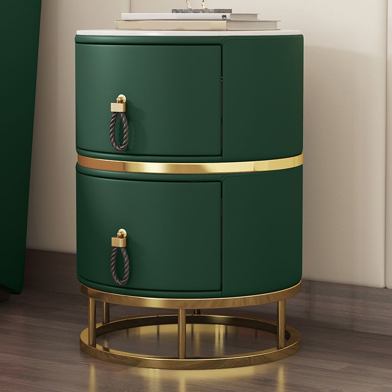 Glam Round Nightstand with 2 Drawers 20" Tall Stone Top Night Table