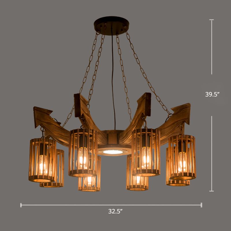 Farmhouse Cylindrical Cage Chandelier Light Wooden Hanging Lamp Kit for Dining Room
