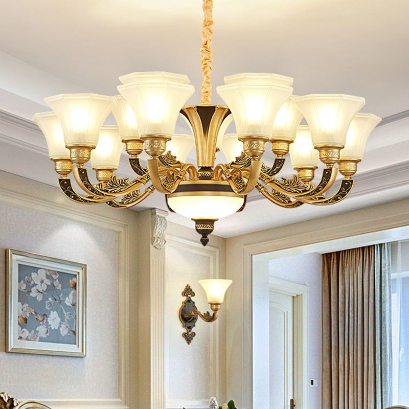 Retro Style Flared Suspension Light Cream Frosted Glass Chandelier Light for Living Room