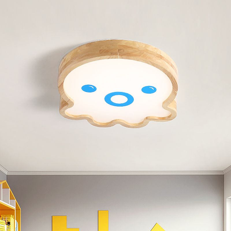 Little Octopus Shaped Flushmount Lamp Cartoon Wood LED White Flush Mount Lighting in Warm/White Light