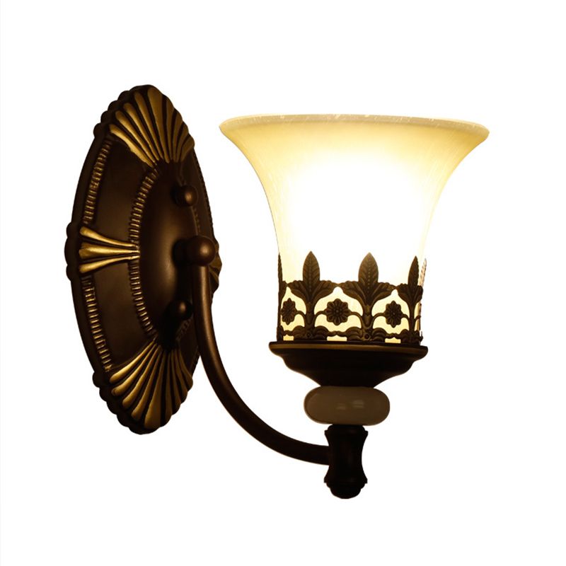 Flared Shade Beige Glass Wall Mount Light Retro Living Room Wall Lighting with Filigree in Dark Brown