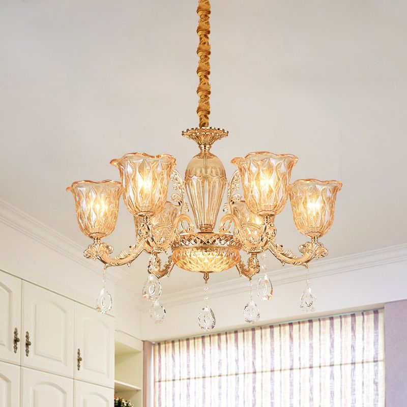 Gold 6-Bulb Pendant Light Fixture Mid Century Amber Glass Floral Chandelier with Crystal Drop