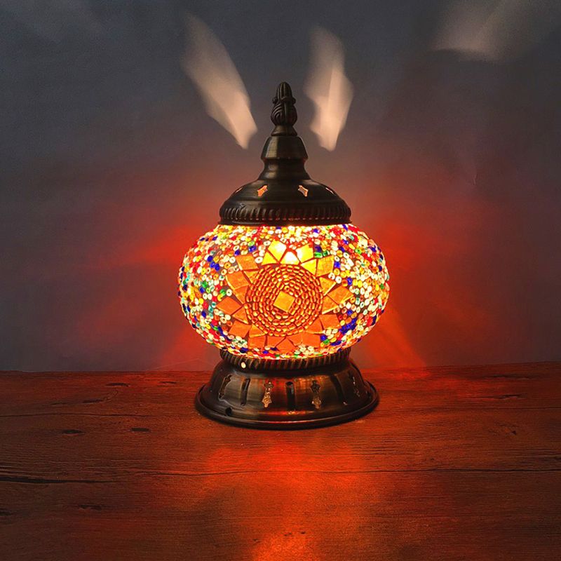 1 Head Globe Table Lamp Traditional Red/Orange/Light Blue Stained Class Nightstand Lamp for Bedroom