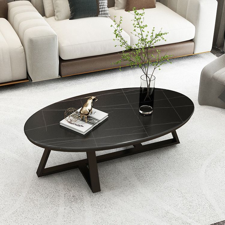 17.7" Tall Iron Cross Legs Cocktail Table Oval Slate Top Coffee Table