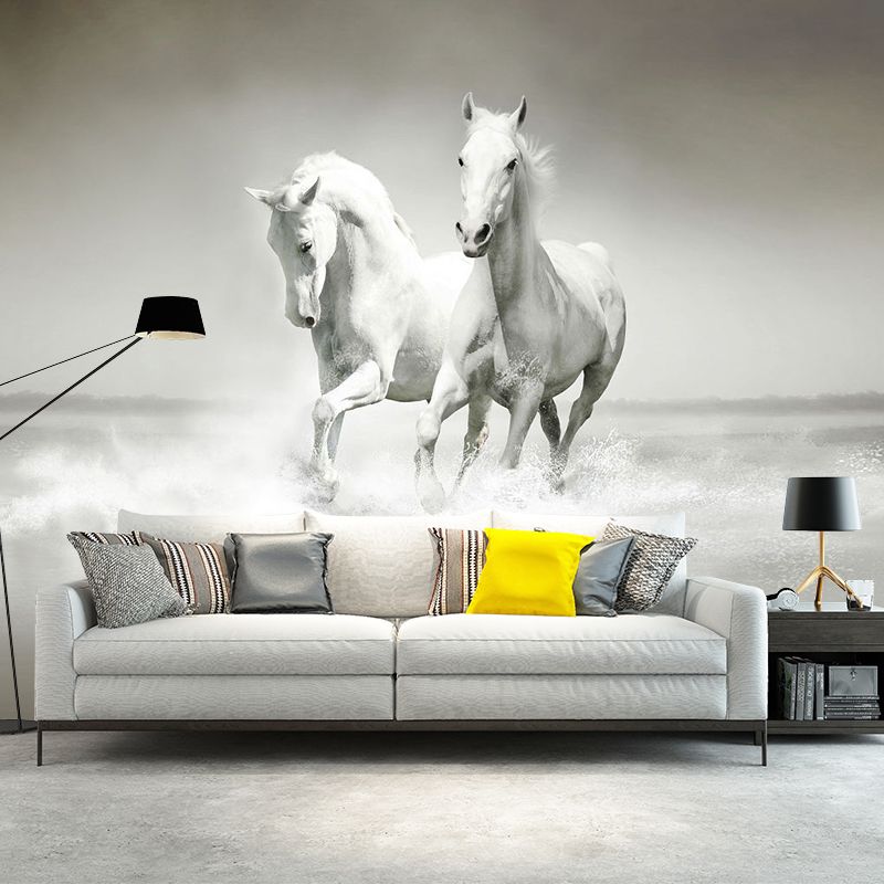 Traditional Galloping Horses Wall Decor for Living Room, Customized Size Wall Mural in Soft Grey