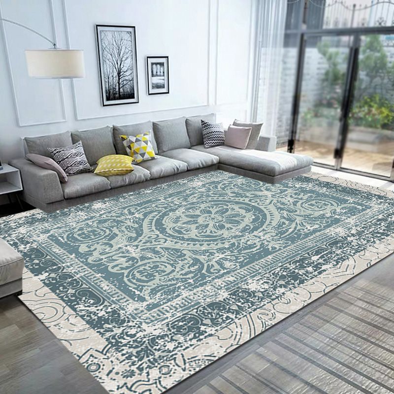 Green Moroccan Rug Polyester Medallion Pattern Rug Pet Friendly Washable Anti-Slip Backing Carpet for Decoration