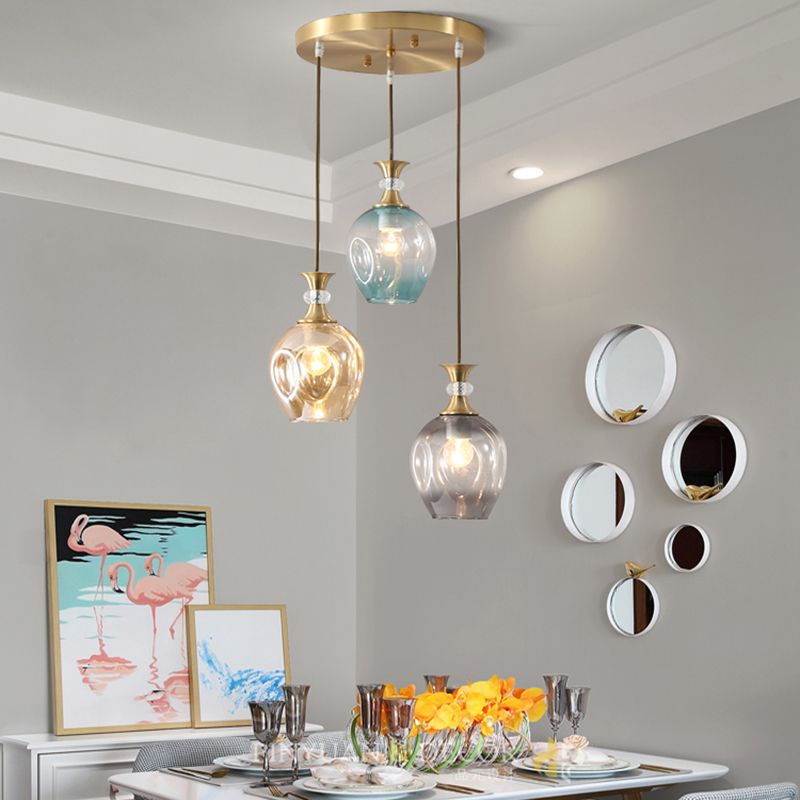 Gold Tulips Cluster Pendant Light Modernist 3 Heads Tan-Blue-Grey Dimpled Glass Ceiling Lamp