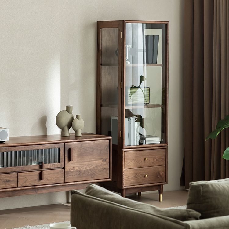 66.9" Tall 2-Drawer Accent Cabinet Solid Wood Glass Paned Side Cabinet in Walnut Brown