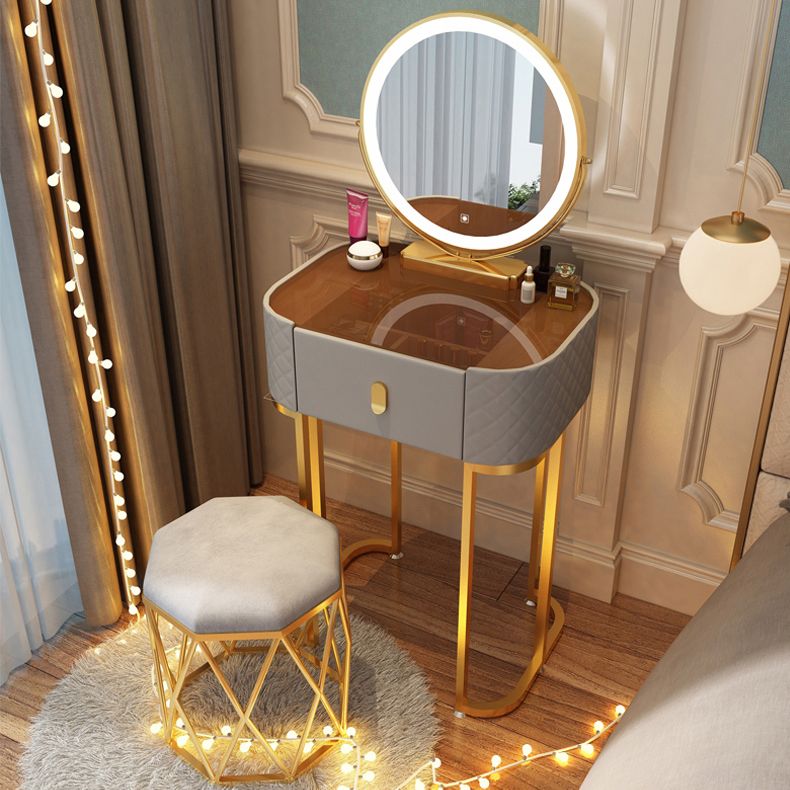 Glass Top Makeup Vanity Desk Bedroom Dressing Table Stool Set with Drawer
