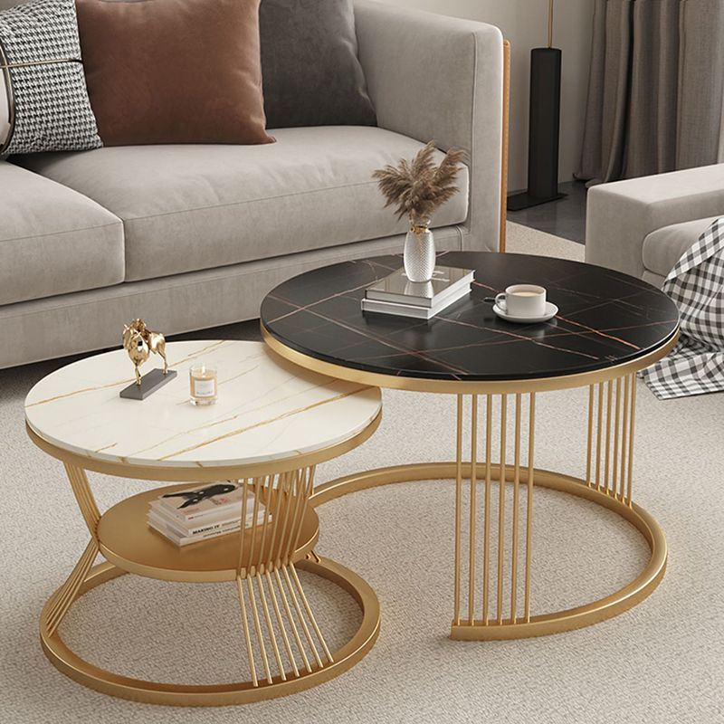 Metal and Slate Coffee Table Glam Round Frame Coffee Table Set