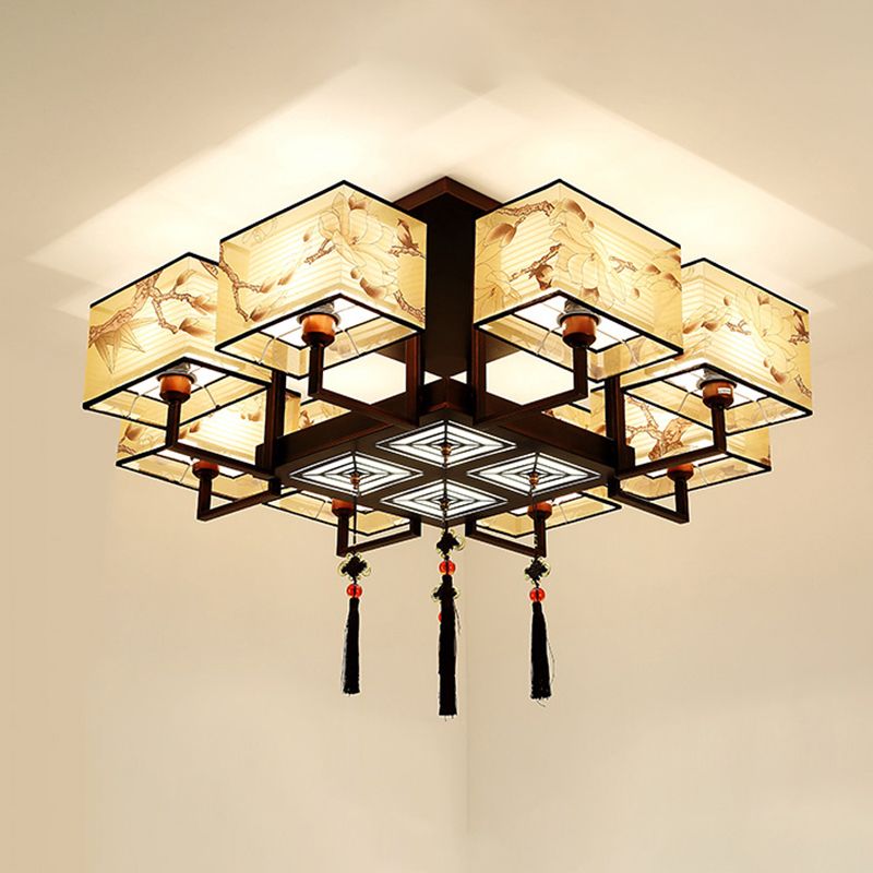 Braune Halbflush -Mount -Lampe Traditioneller Stil Schmiedeeisen Deckenleuchte mit quadratischem Stoff Schatten