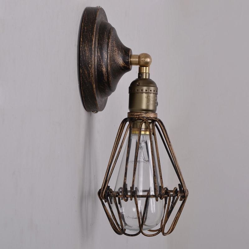 1 Light Mini Caged Wall Lamp Rustic Stylish Weathered Brass Iron Wall Sconce Lighting for Dining Room