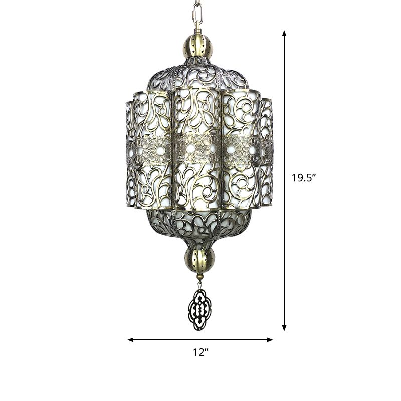 Antiqued Lantern Hanging Light Kit 4 Heads Metal Chandelier Lamp in Black with White Acrylic Shade