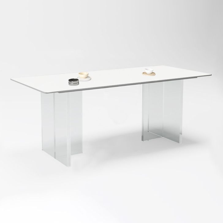 Minimalist Rectangle Shape White Dining Set Sintered Stone Kitchen Dining Set with Double Pedestal