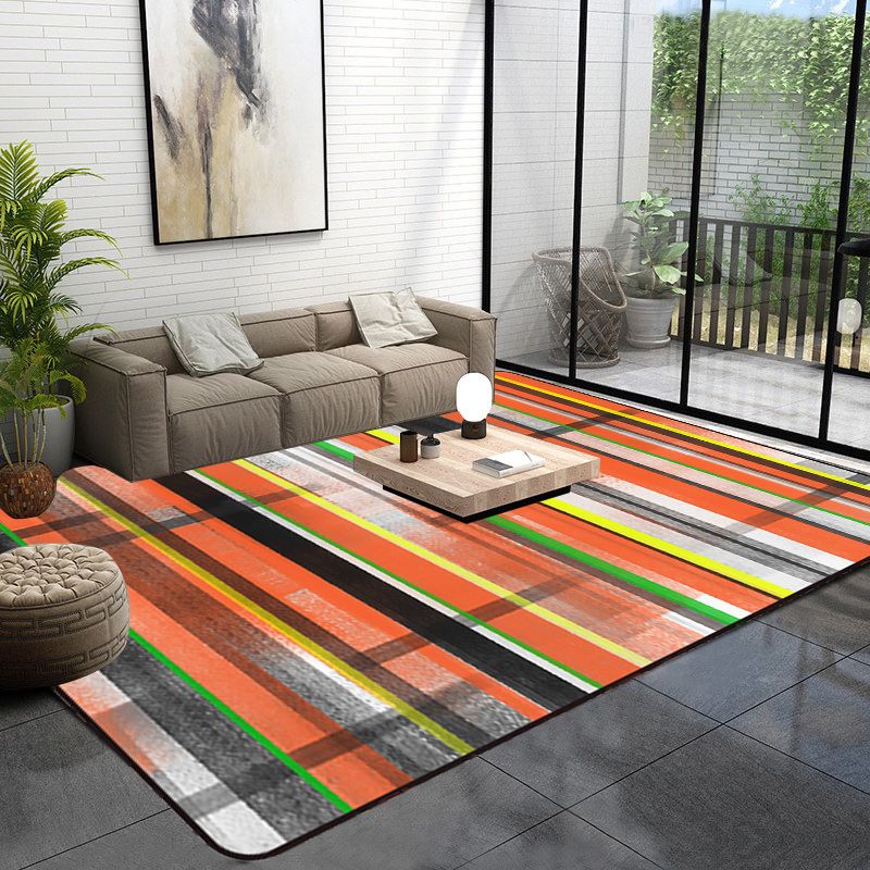 Minimalist Modern Rug in Orange and Blue Abstract Stripe Pattern Rug Polyester Washable Carpet for Home Decoration