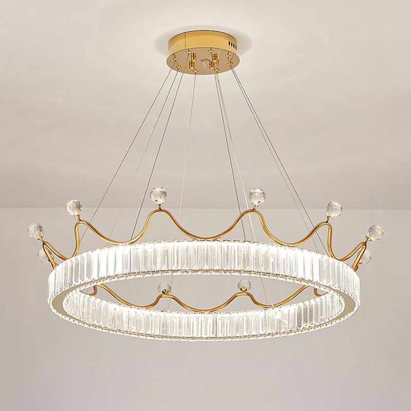 Beveled K9 Crystal Gold Pendant Light Crown Contemporary LED Ceiling Light for Bedroom