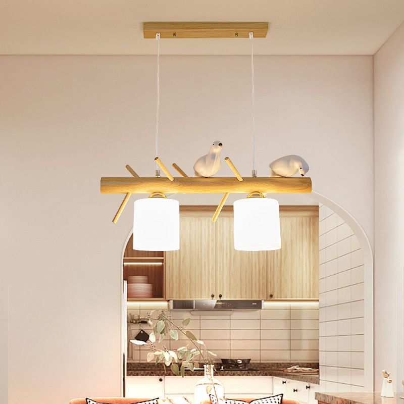 Modern Style Cylinder Shade Island Pendants 2-Lights Wood Pendant Lights for Dining Room