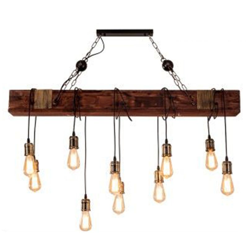 Black Island Light Fixture Industrial Style Wood Linear Pendant Light for Restaurant