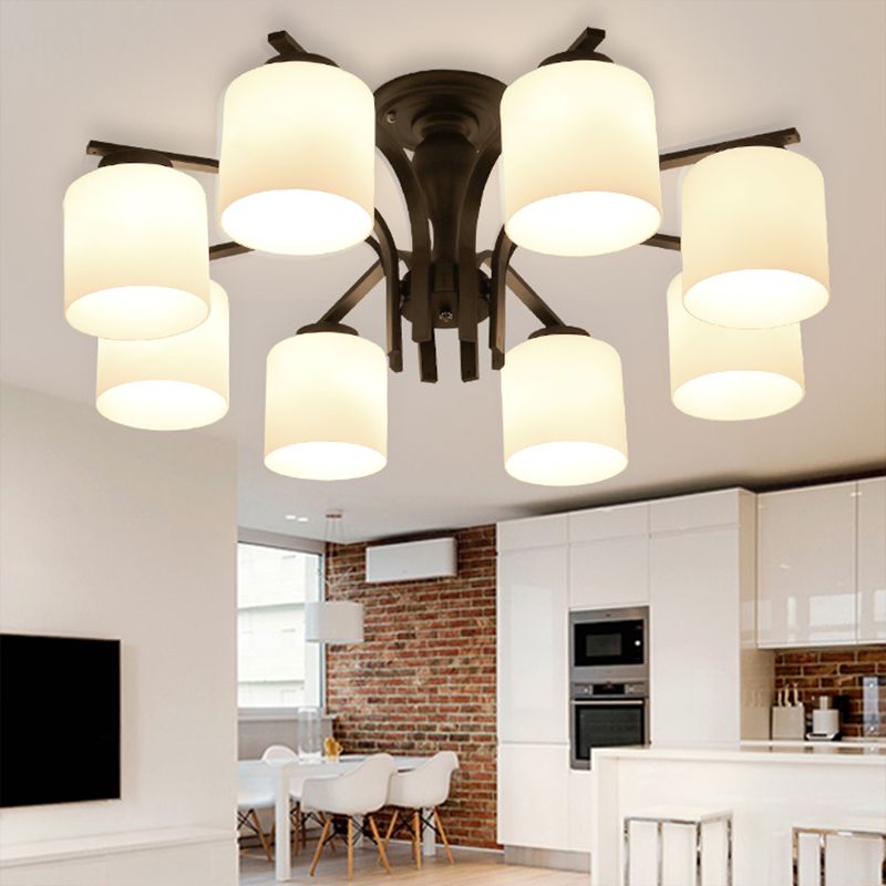 Semi Flush Mount Chandelier Country Living Room Ceiling Light with Cylindrical Milk Glass Shade in Black