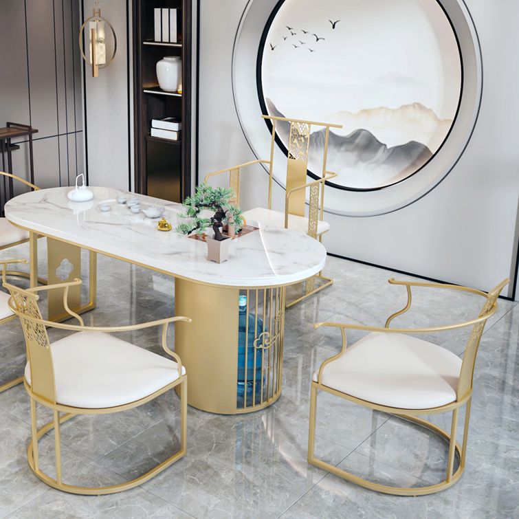 Traditional Luxury Oval Dining Table Sintered Stone Table with Gold Double Pedestal for Dining Room
