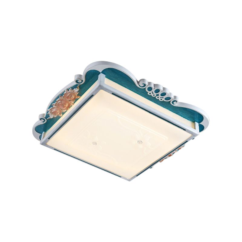 Acrylic Square Design Flush Mount Traditional Style LED Bedroom Light Fixture Ceiling with Carved Flower in Brown/Blue
