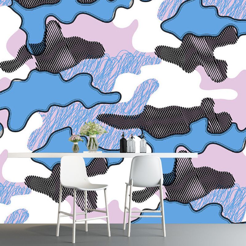 Artistic Abstract Cloud Drawing Mural Pink and Blue Washable Wall Decor for Kids Room
