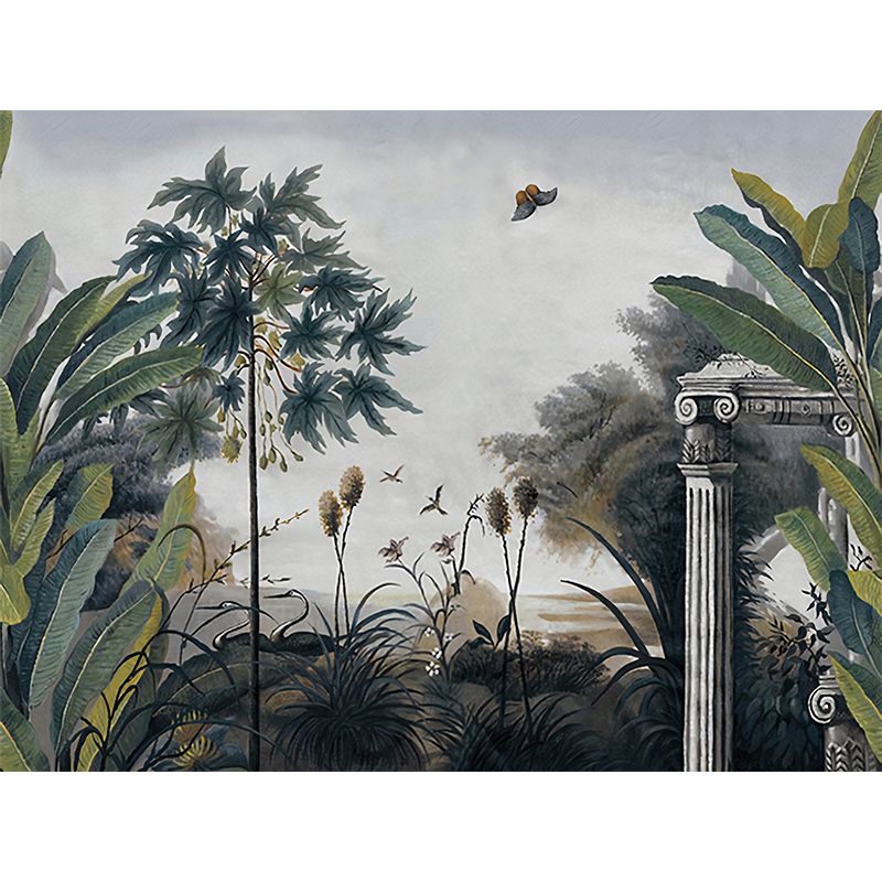 Whole Illustration Tropical Murals with Lakeside Scenery Pattern, Blackish Green