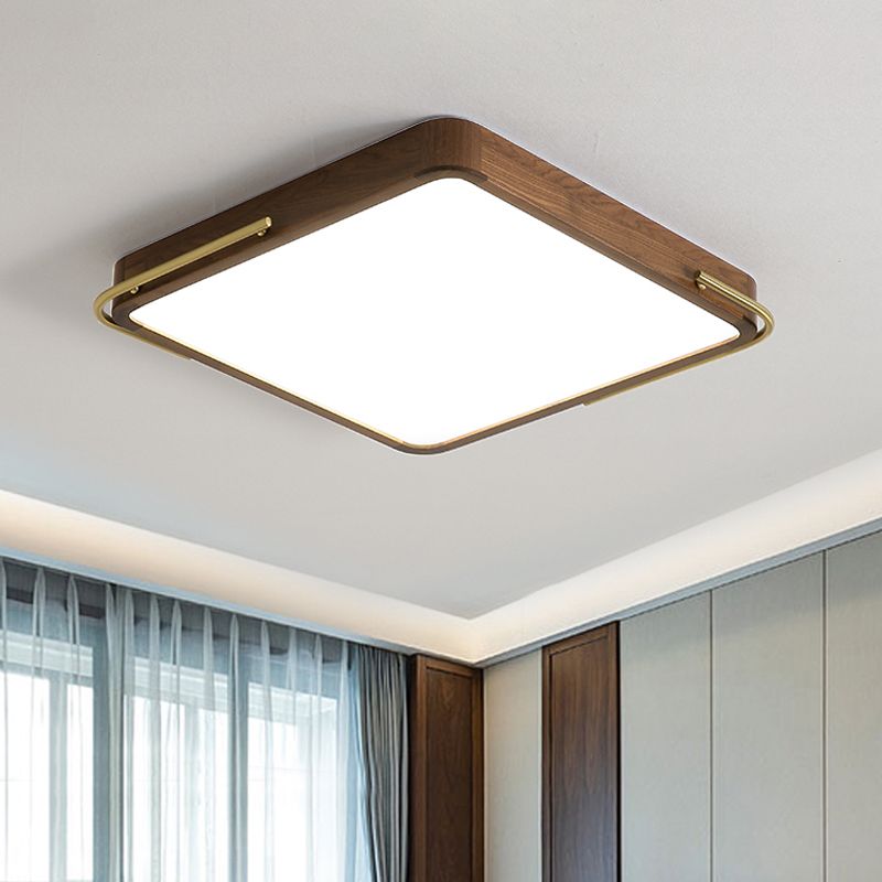 Plafonnier LED contemporain marron carré/rectangle avec abat-jour en bois, 13"/19"/27" de long