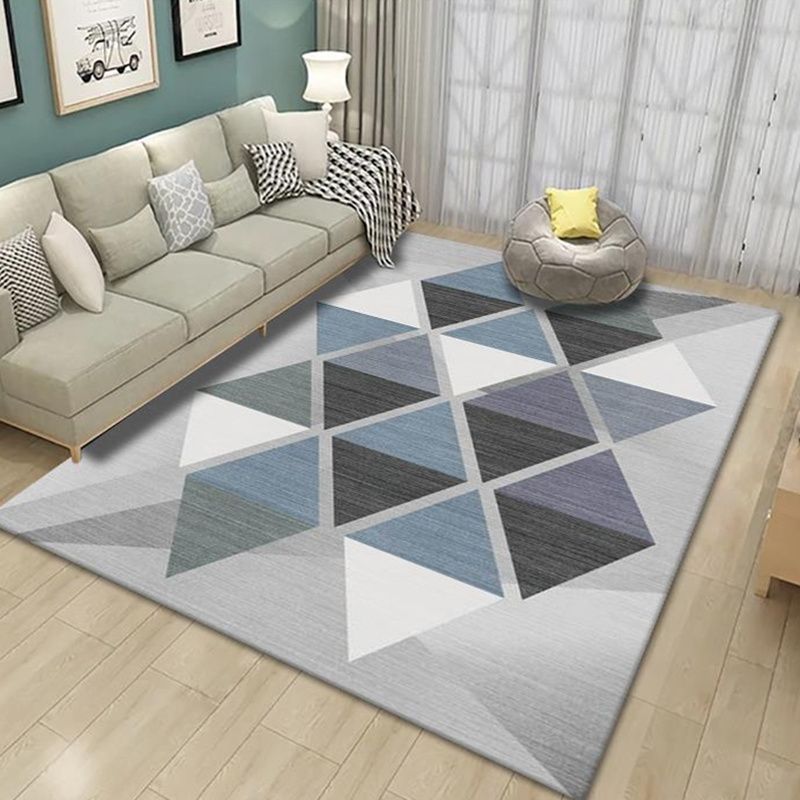 Grey Drawing Room Rug Polyester Geometric Pattern Area Rug Stain Resistant Area Rug