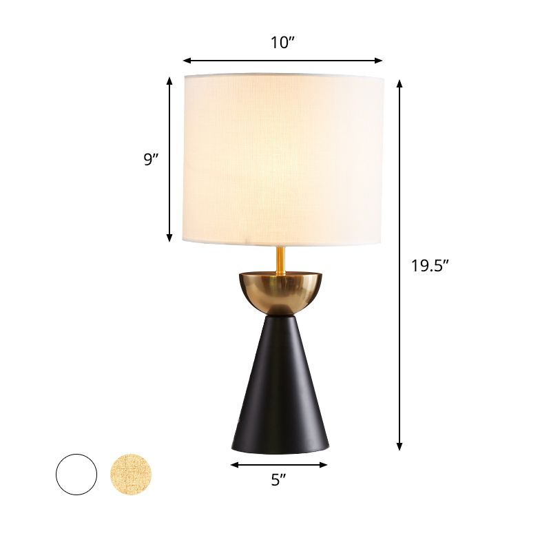 Cylinder Fabric Night Table Light Modern 1 Bulb White/Flaxen Nightstand Lamp with Black Cone Base