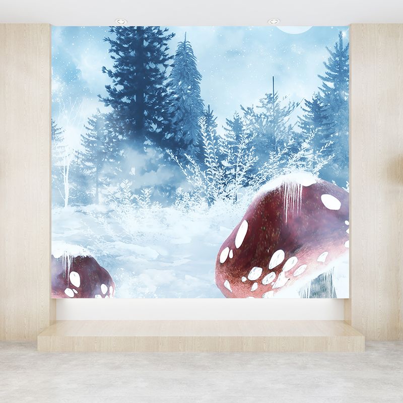 Full Size Illustration Modern Mural Decal with Snowy Trees and Mushrooms in Blue