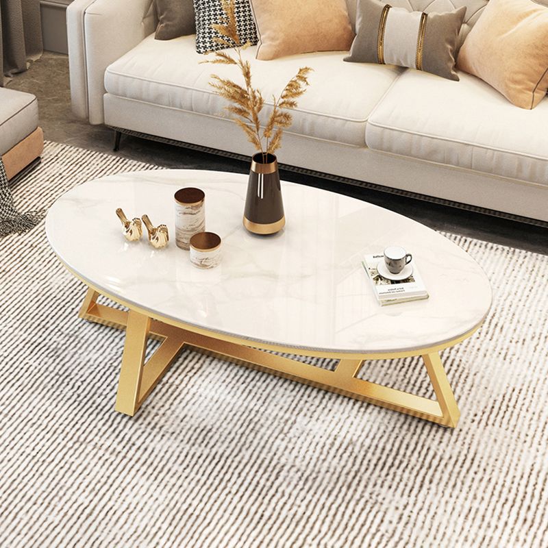 Cross Legs Coffee Table with Stone Oval Top and Iron Base Cocktail Table