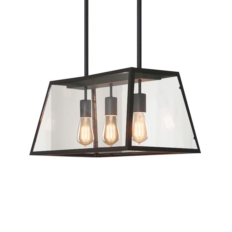 3-Bulb Clear Glass Hanging Light Kit Industrial Black Trapezoid Kitchen Island Lighting Fixture